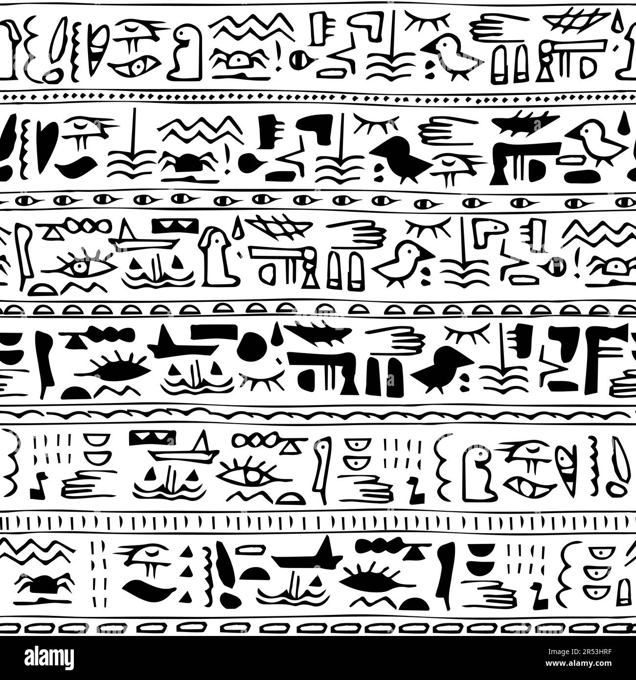 Egyptian african theme seamless pattern with ethnic tribal drawing for black white book covers, textile, home decor Stock Vector