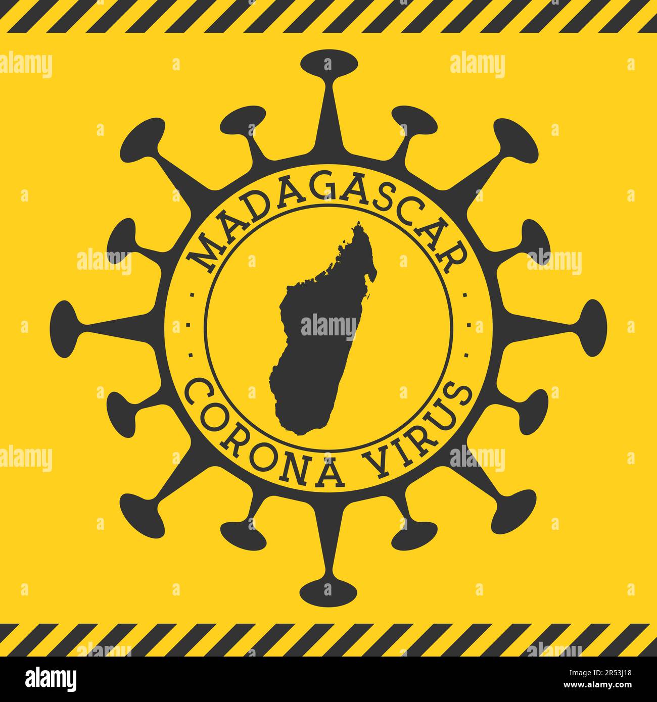 Corona virus in Madagascar sign. Round badge with shape of virus and Madagascar map. Yellow country epidemy lock down stamp. Vector illustration. Stock Vector