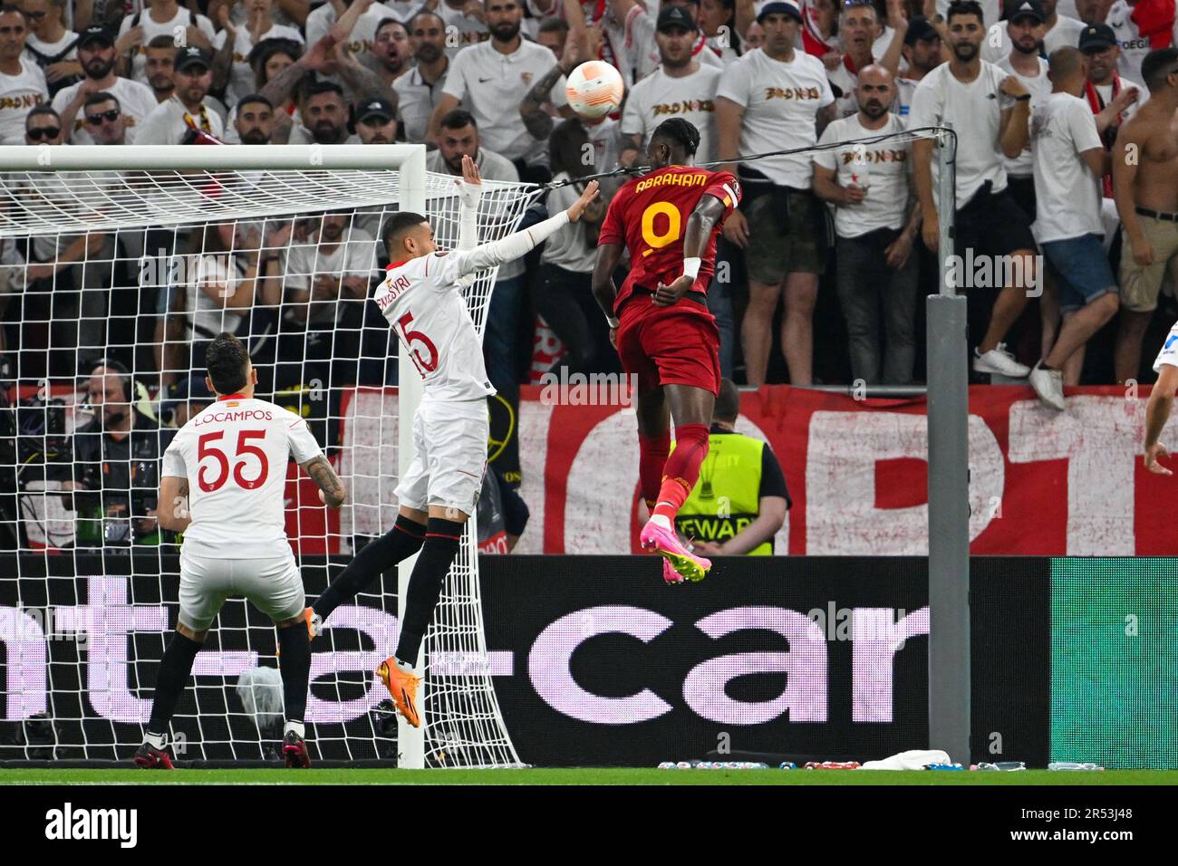 Budapest, Hungary. 31st May, 2023. AS Romaâ&#x80;&#x99;s Tammy Abraham and Sevilla FCâ&#x80;&#x99;s Youssef En-Nesyri during Europe League final soccer match between AS Roma vs. Sevilla at the Puskas Arena in Budapest, Hungary, 31st of May 2023 Credit: Independent Photo Agency/Alamy Live News Stock Photo
