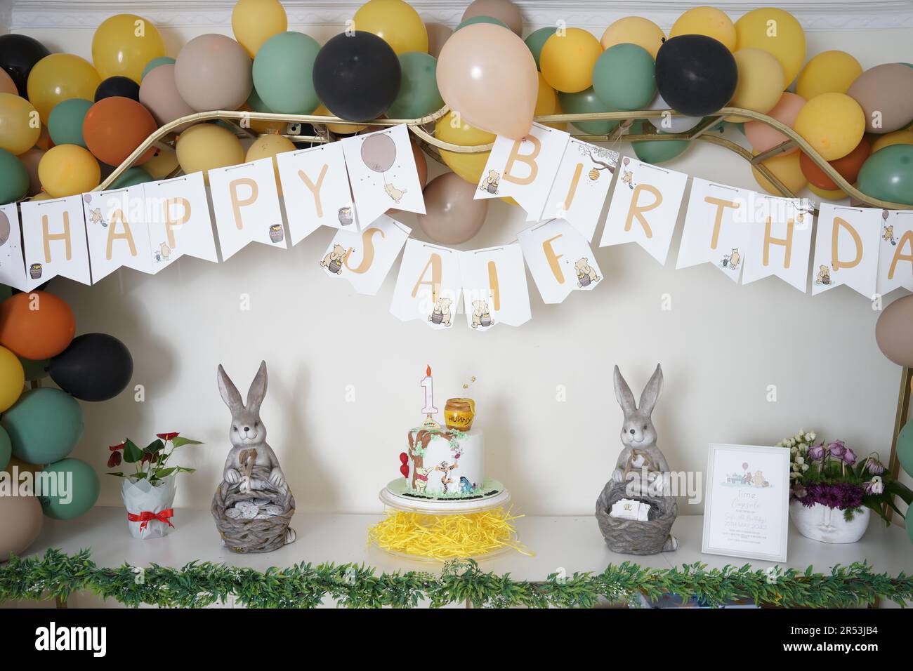 Kids Winnie the pooh birthday party. birthday party boy theme decoration, cake art with table and festive Stock Photo