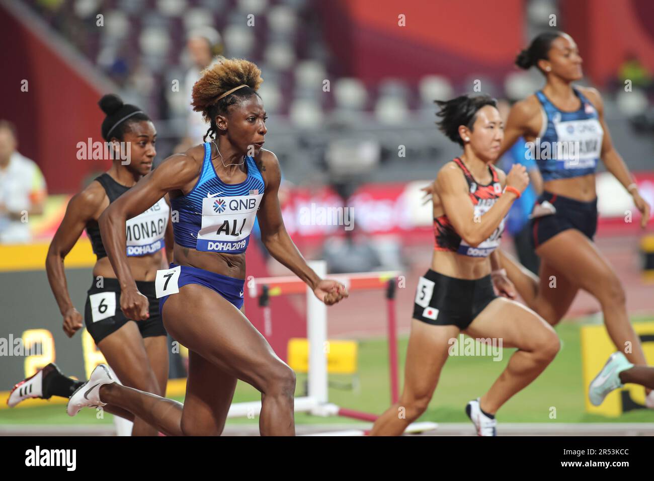 Nia Ali running the 100m hurdles at the 2019 World Athletics ...