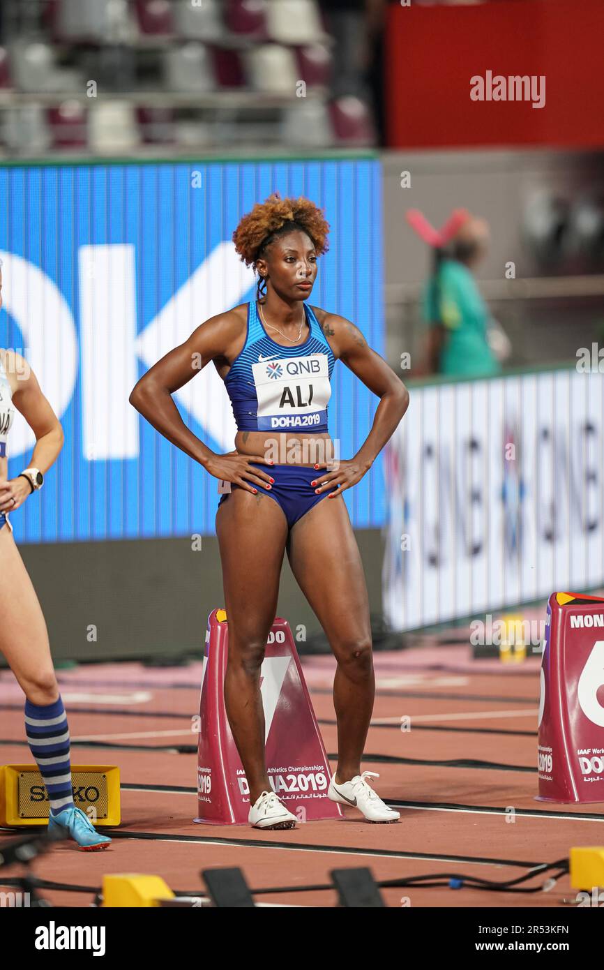 Nia Ali running the 100m hurdles at the 2019 World Athletics ...