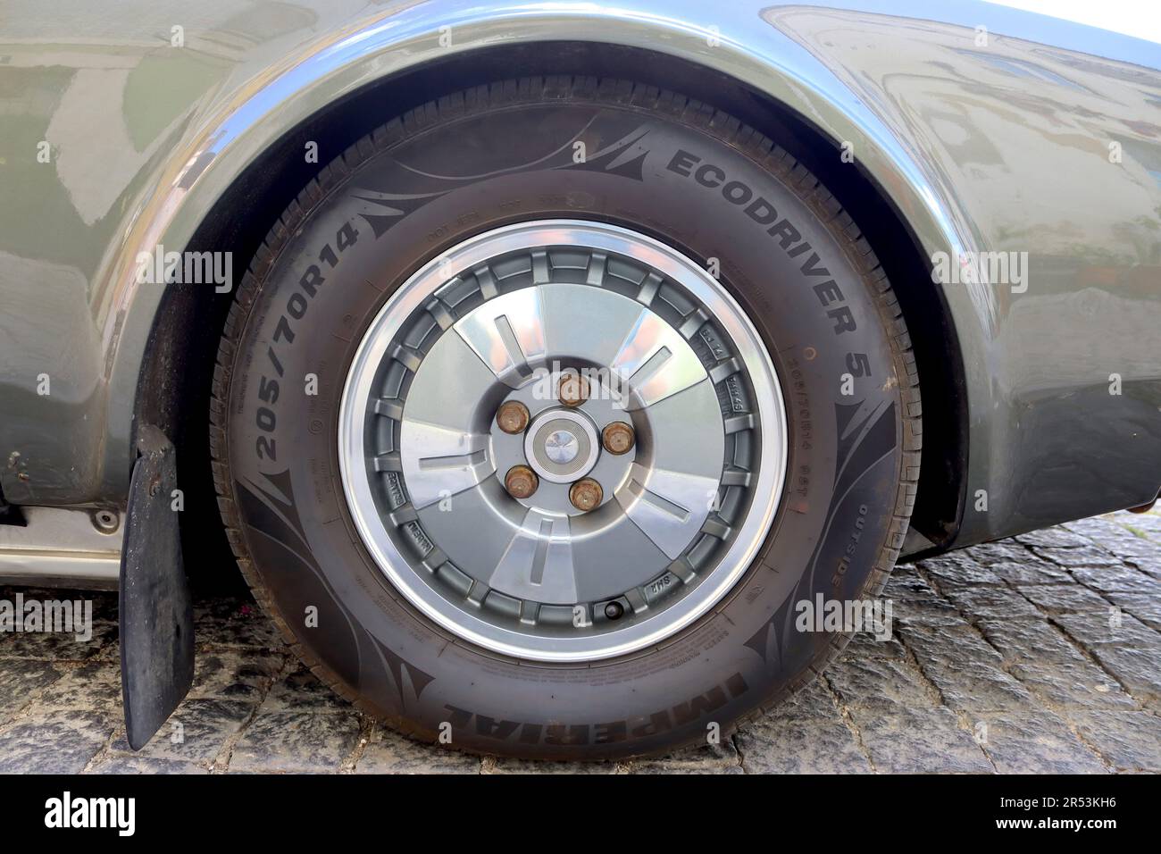 Close up of the unique and extremely rare SMR french alloy wheels fitted on a Citroen CX 25 TRD Turbo Series 1 parked in Lisbon, Portugal, April 2023. Stock Photo