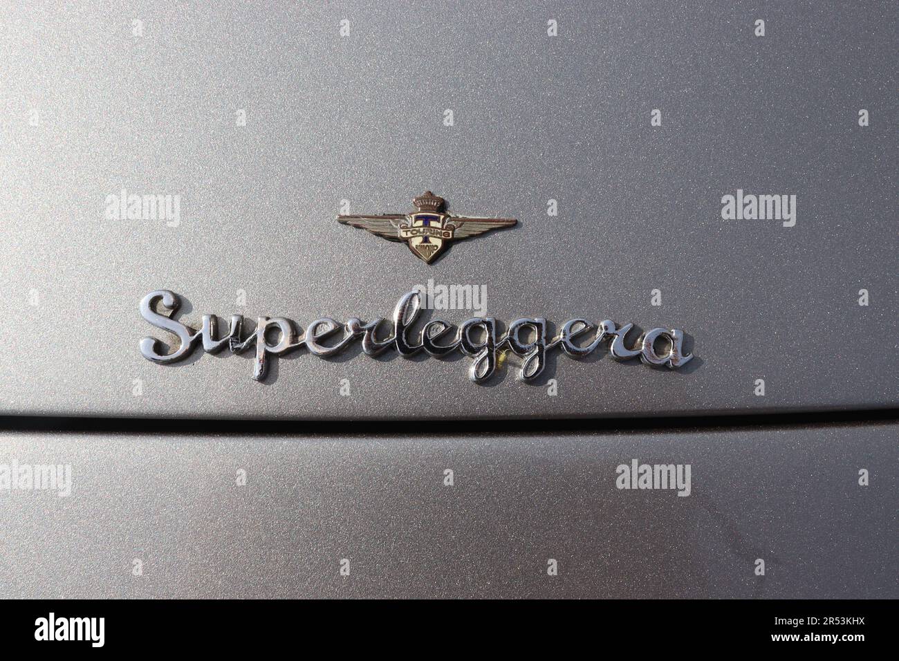 Superleggera emblem on a Maserati 3500 GTi Touring Iniezione, with bodywork by Carrozzeria Touring, who devised the superleggera system. Stock Photo
