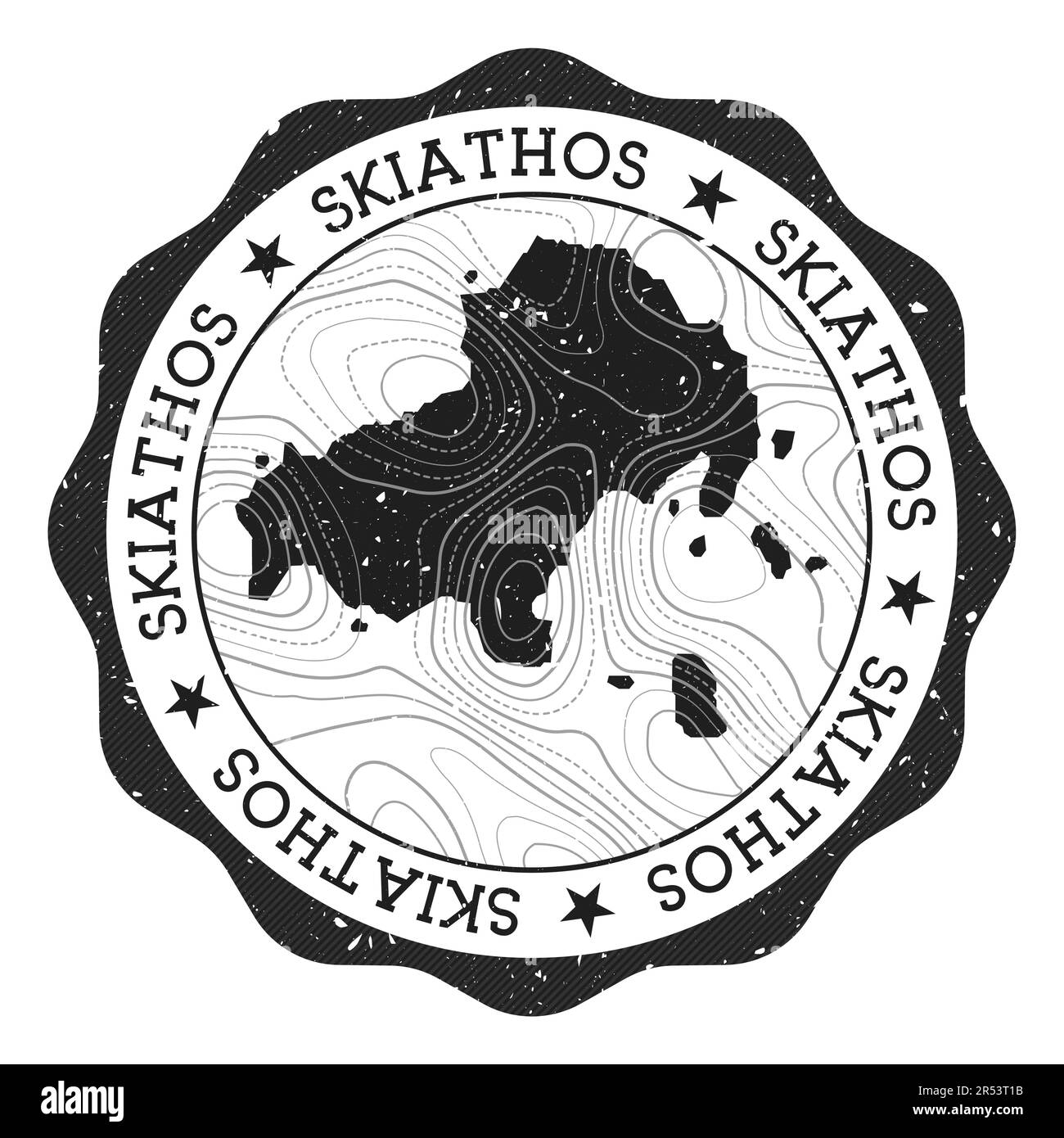 Skiathos outdoor stamp. Round sticker with map of island with topographic isolines. Vector illustration. Can be used as insignia, logotype, label, sti Stock Vector
