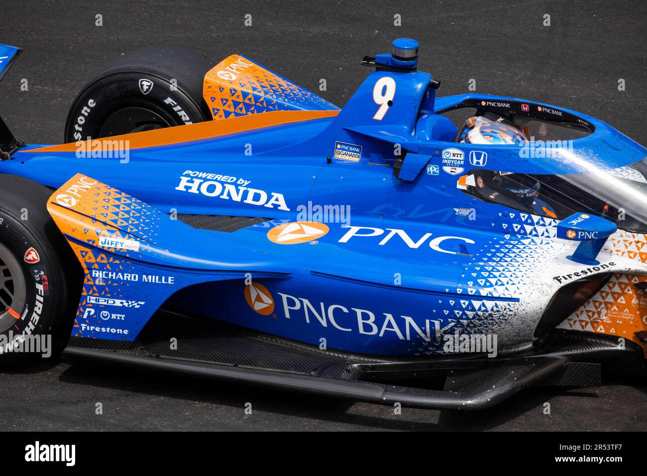 Chip Ganassi Racing driver Scott Dixon (9) of New Zealand races during the 2023 Indy 500 at Indianapolis Motor Speedway in Indianapolis. Stock Photo
