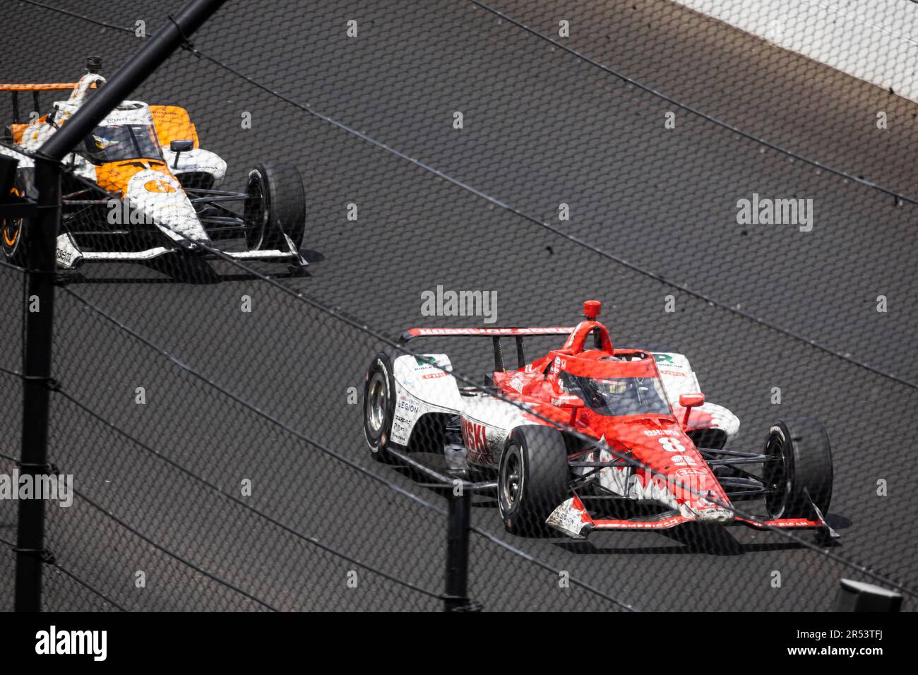 Driver Felix Rosenqvist (6) of Sweden and Chip Ganassi Racing driver Marcus Ericsson (8) of Sweden race during the 2023 Indy 500 at Indianapolis Motor Speedway in Indianapolis. Stock Photo