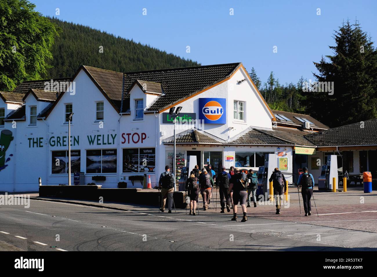 Group of Walkers at The Green Welly Stop, Tyndrum, Scotland Stock Photo