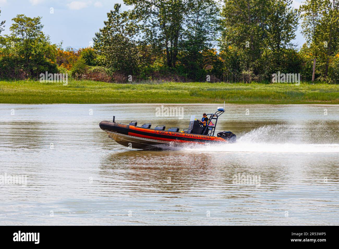 Pre-season boat trials for a whale watching company in Steveston British Columbia Canada Stock Photo