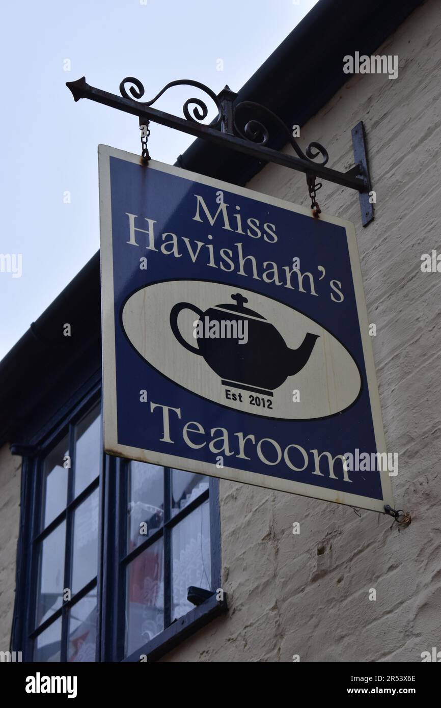 Sign for Miss Havisham's Tea Room in Stony Stratford. Stock Photo