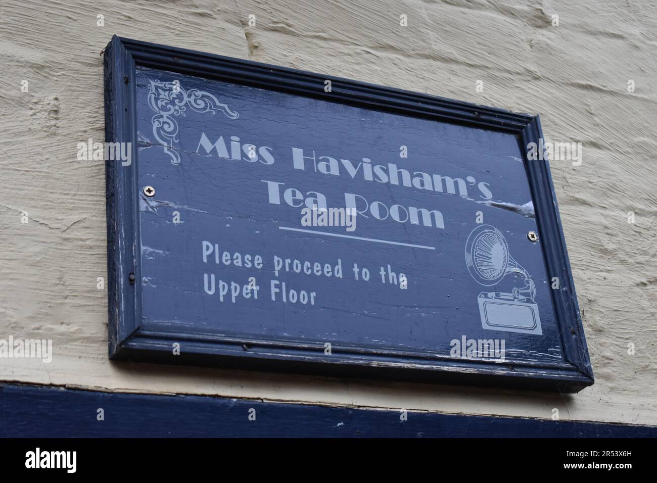 Framed sign for Miss Havisham's Tea Room in Stony Stratford. Stock Photo