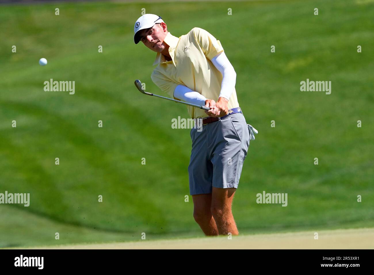 Tech golfer Ross Steelman chips onto the third green during the
