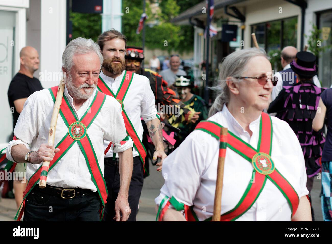 Folk music, clog dancing, Morris Dancers - colourful scenes from Chippenham Folk Festival on a sunny day in Island Park and Borough Parade, Wiltshire Stock Photo