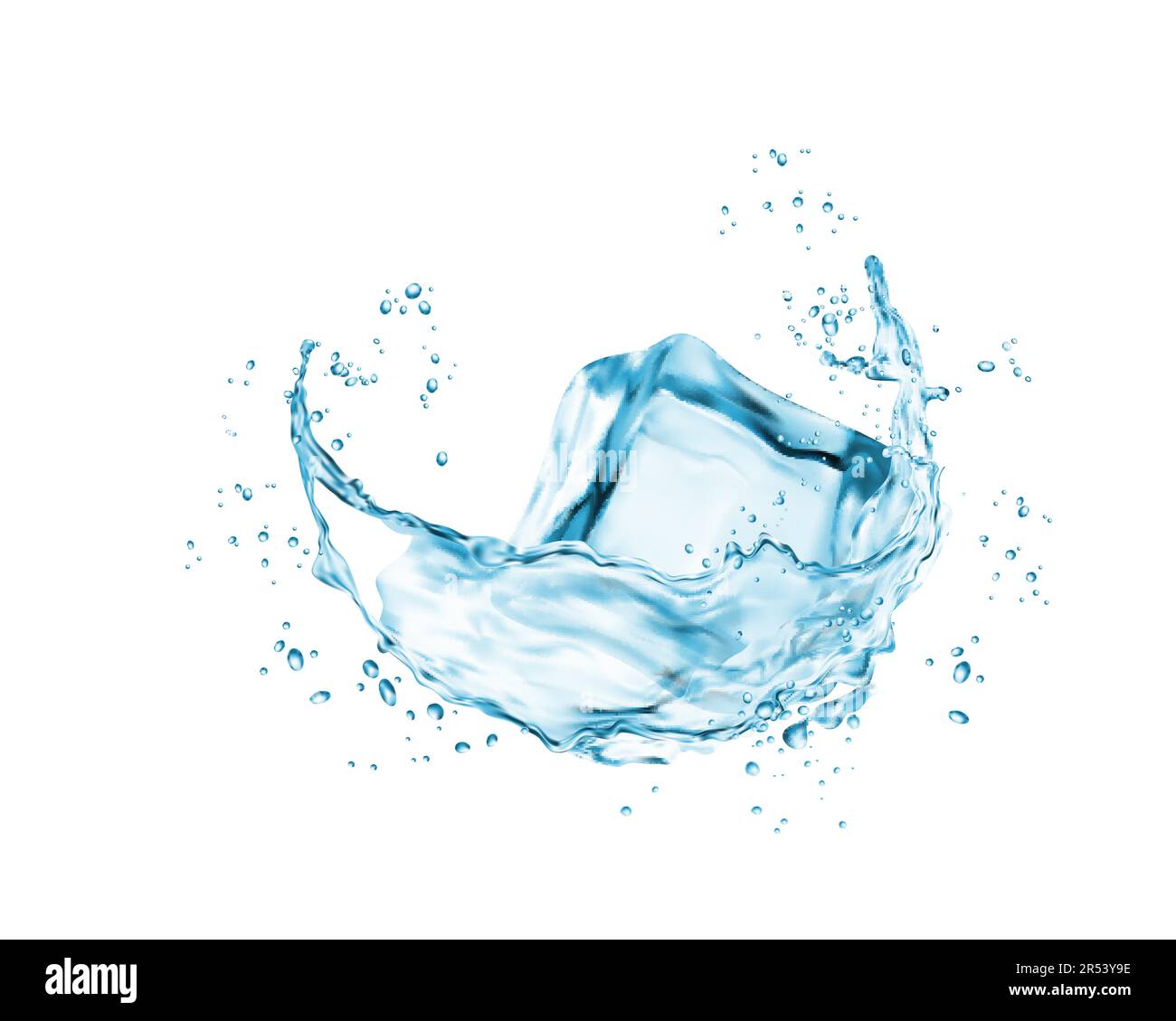 Transparent ice cube float in air with splash and droplets of water