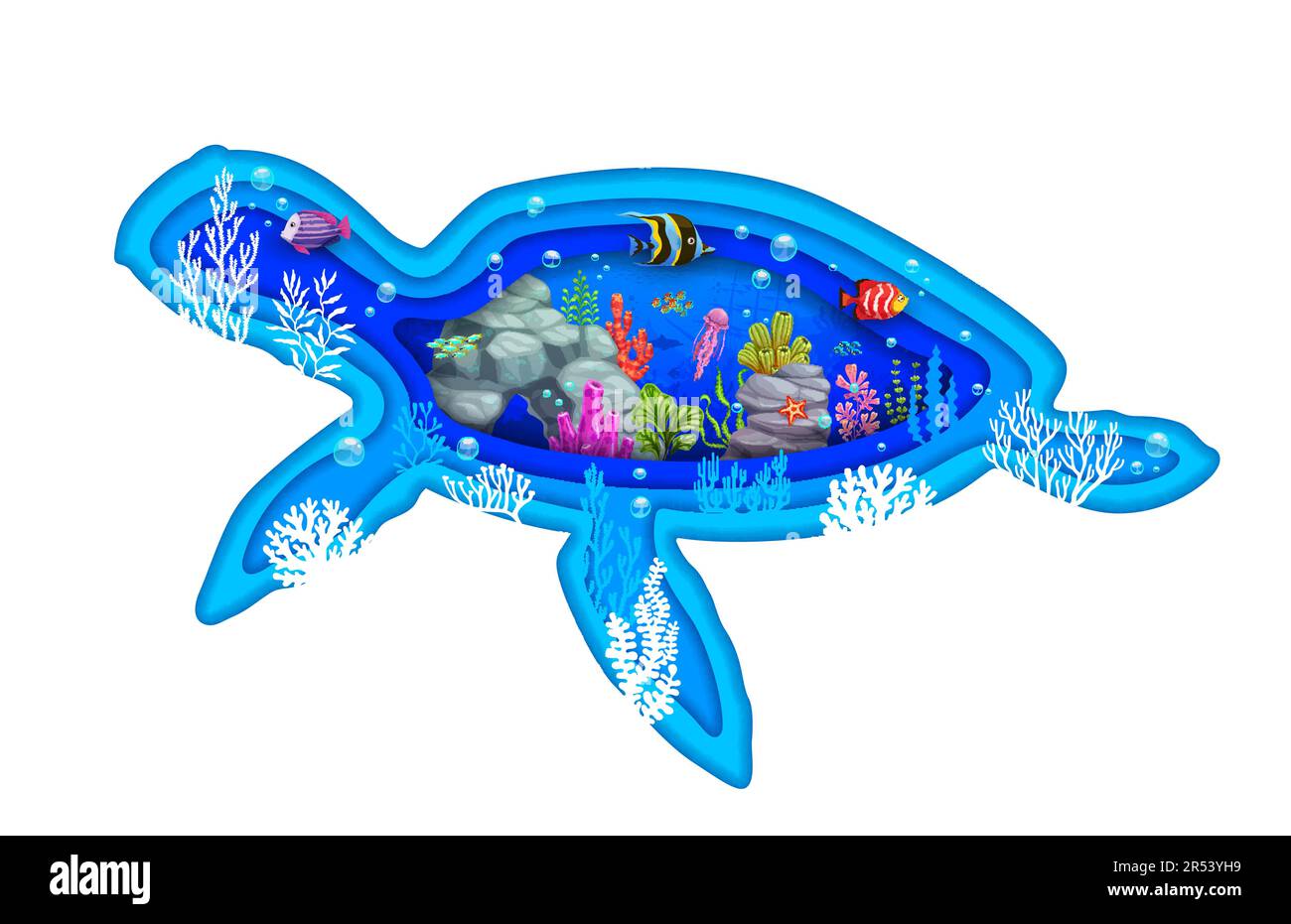 Cartoon turtle paper cut silhouette with underwater landscape, vector ...