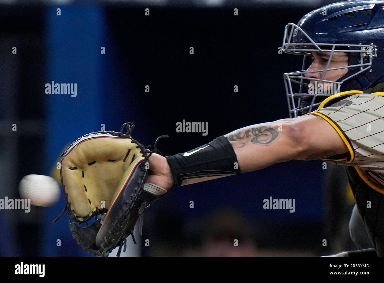 San Diego Padres catcher Gary Sanchez catches a pitch during the first