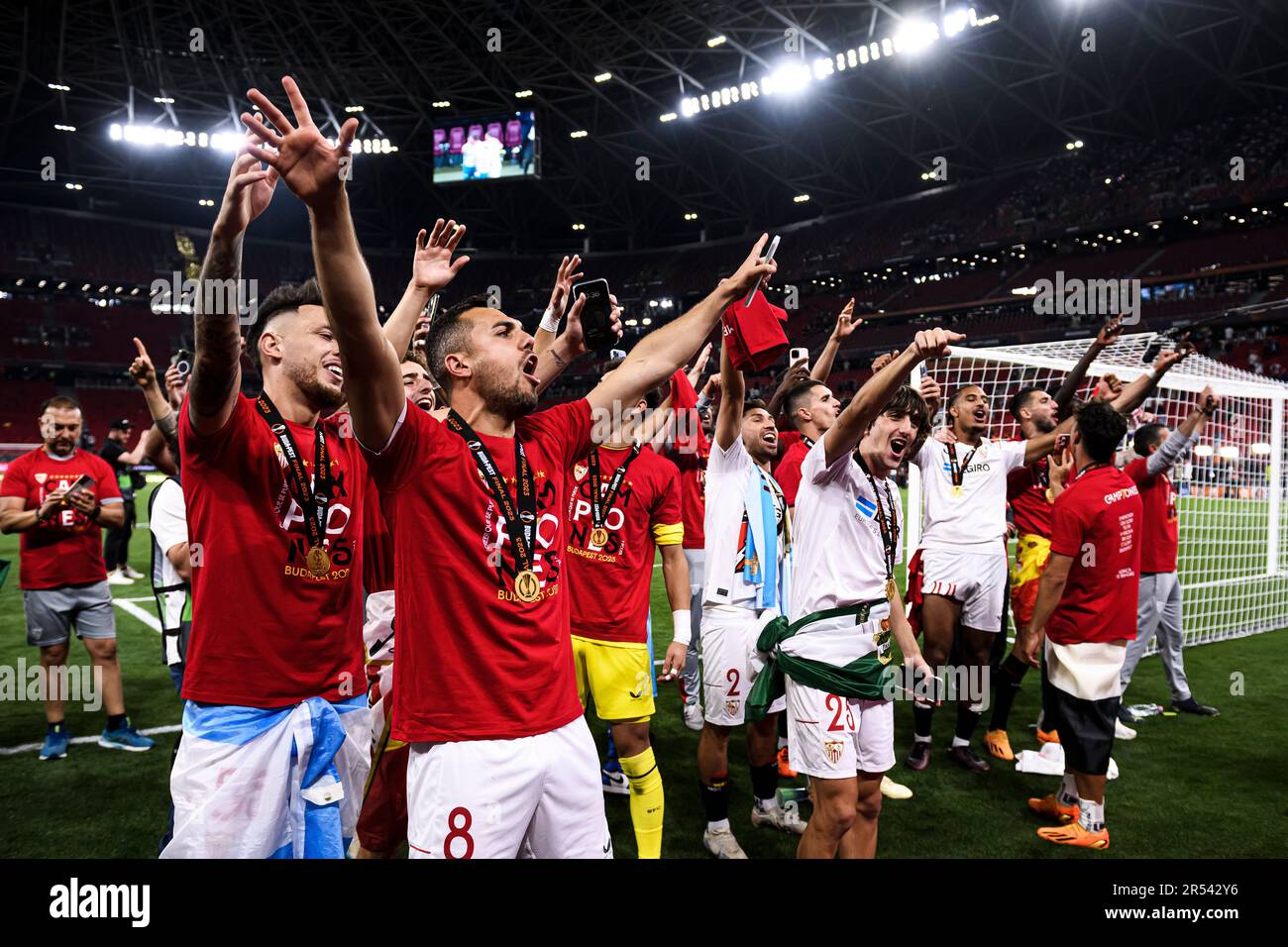 Budapest, Hungary. 1 June 2023. Players of Sevilla FC celebrate with the trophy during the UEFA Europa League final football match between Sevilla FC and AS Roma. Credit: Nicolò Campo/Alamy Live News Stock Photo