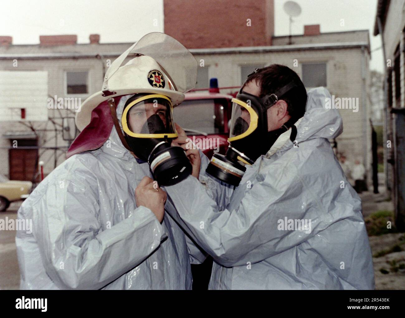 Fire drills in the Latvian city of Saldus. Firefighters in special