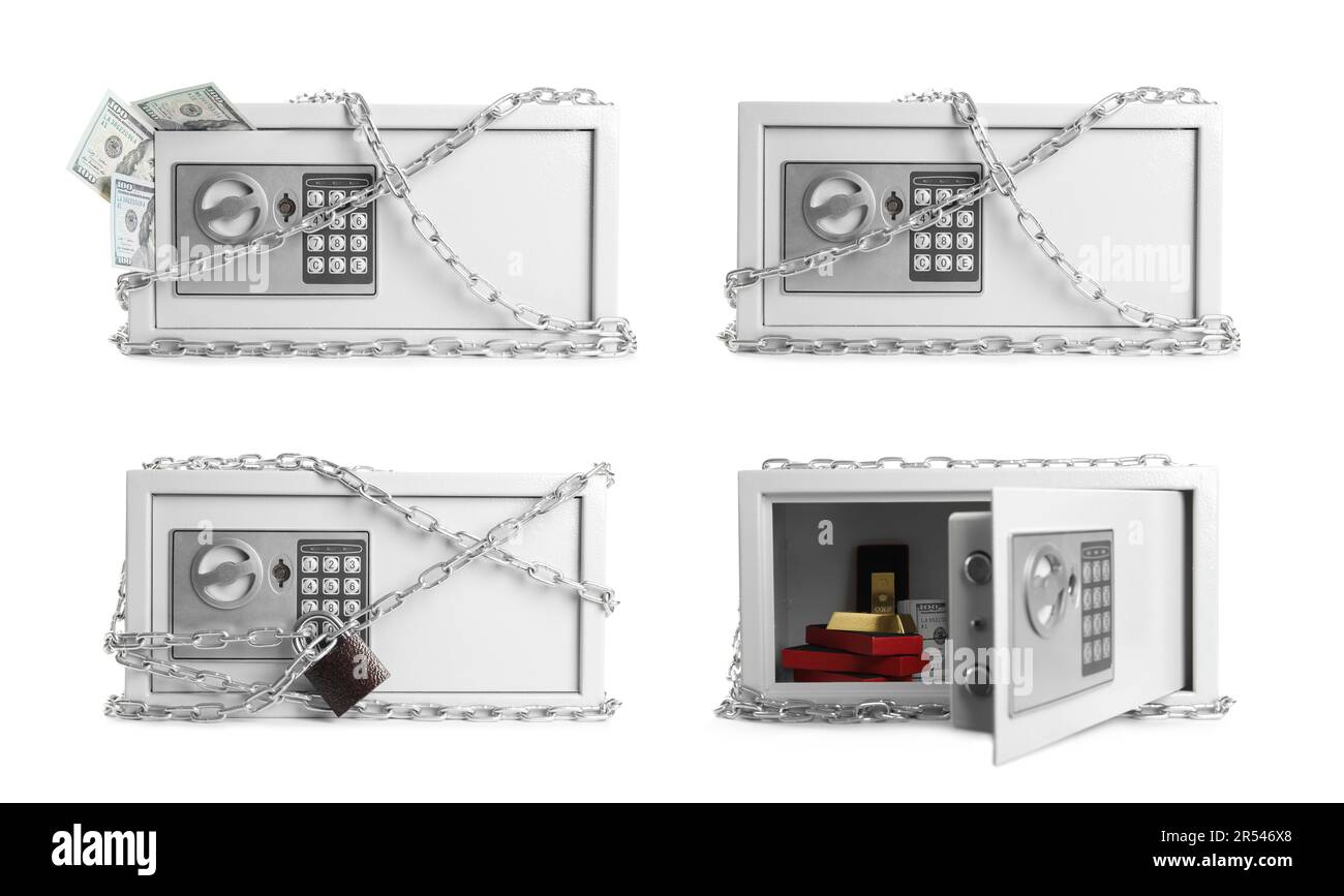 Set with photos of steel safe with chains, gold and banknotes on white ...