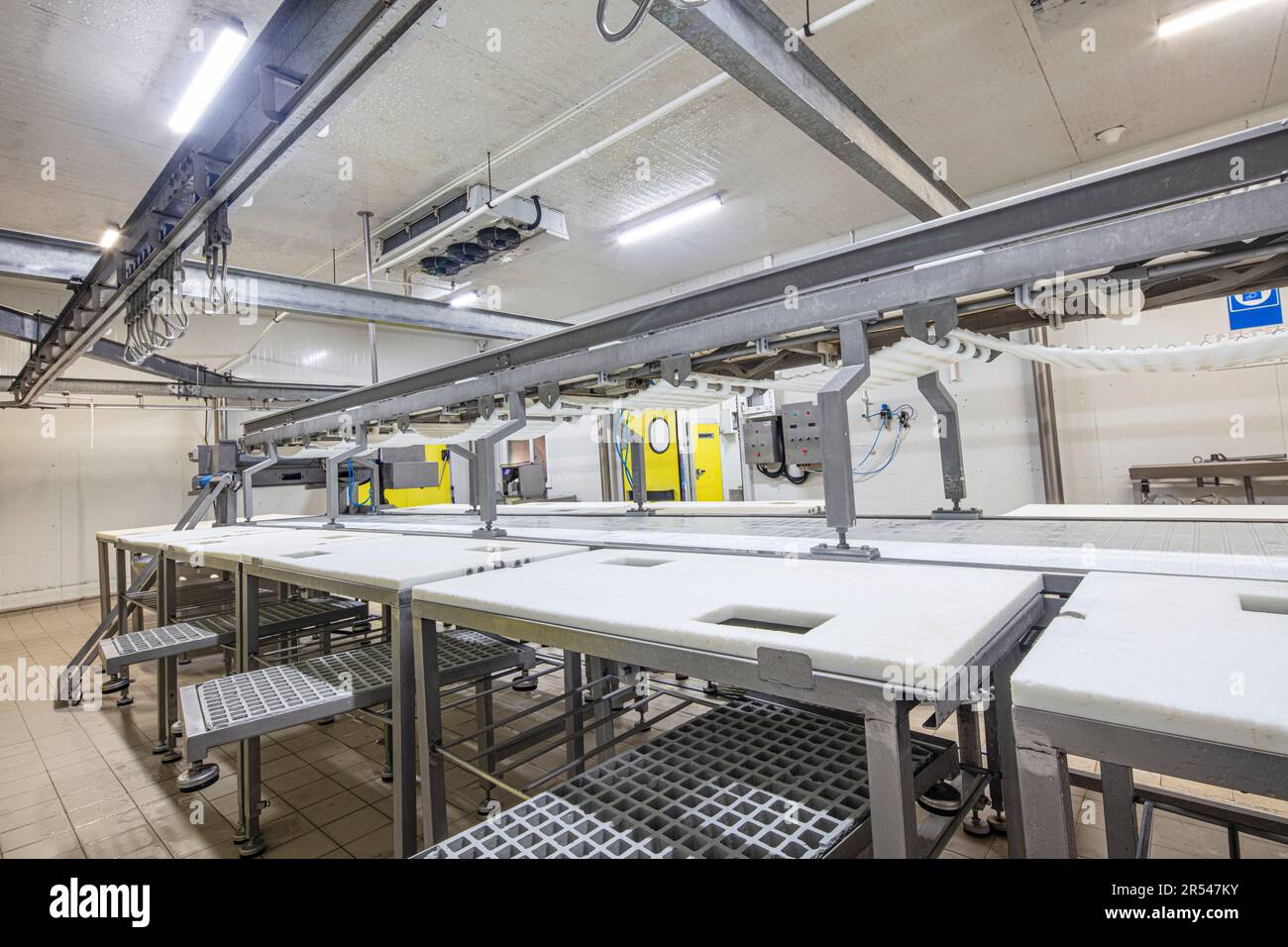 Meat processing machines at meat factory. Cutting meat in