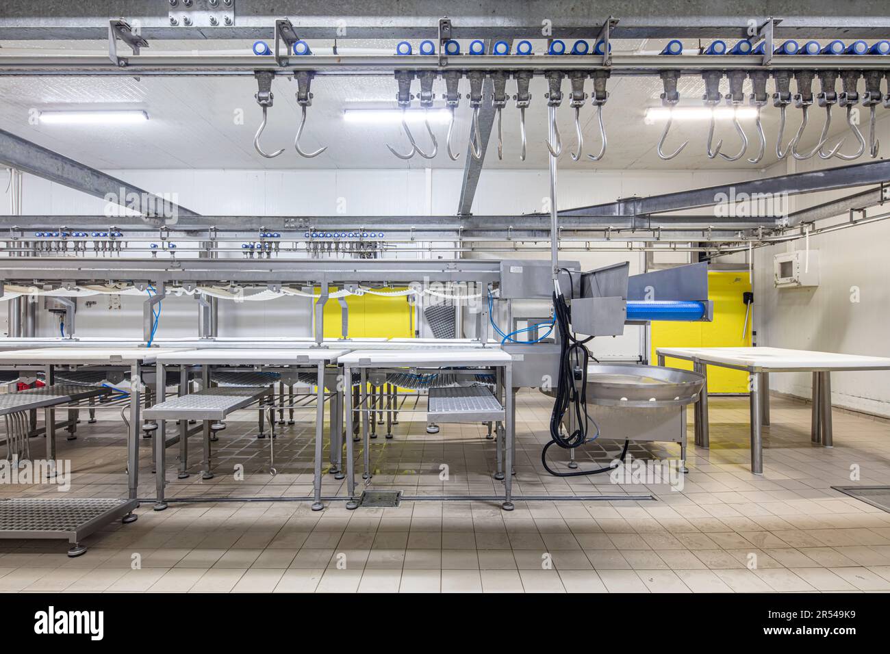 Meat processing machines at meat factory. Cutting meat in