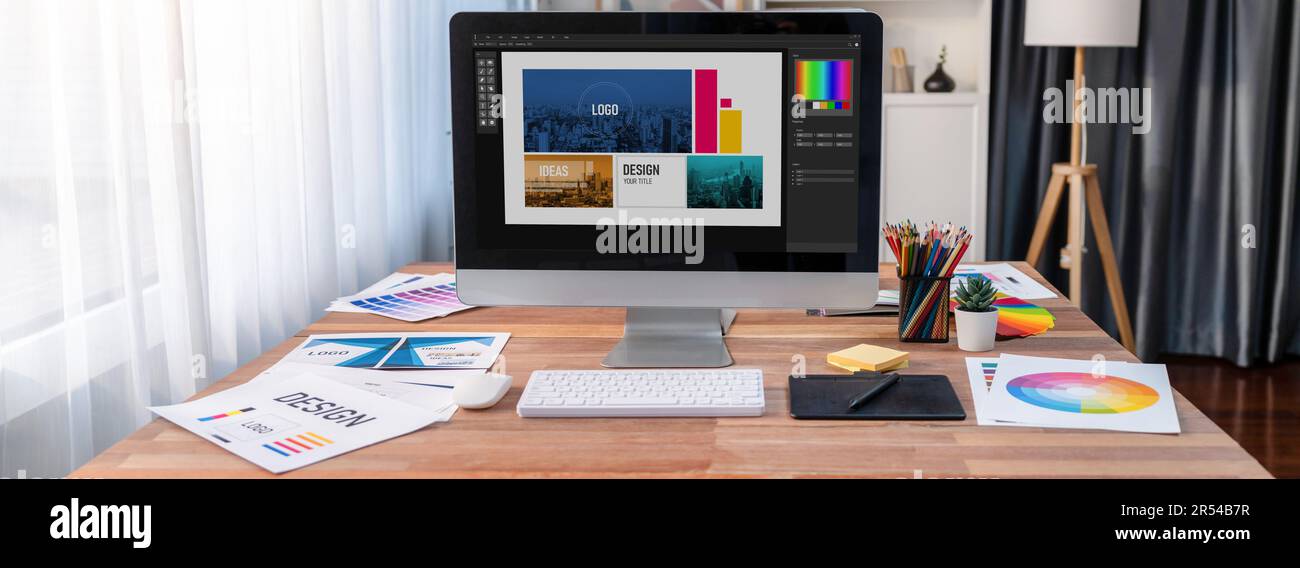 Panorama shot of creative various color palette idea arranged neatly display on computer screen