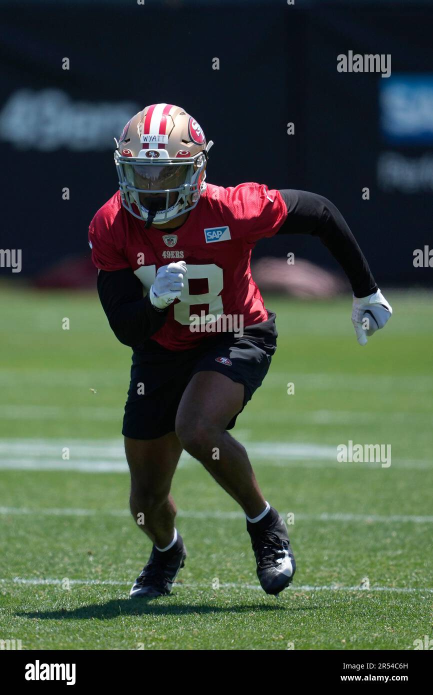 San Francisco 49ers' Shae Wyatt (18) takes part in an NFL football
