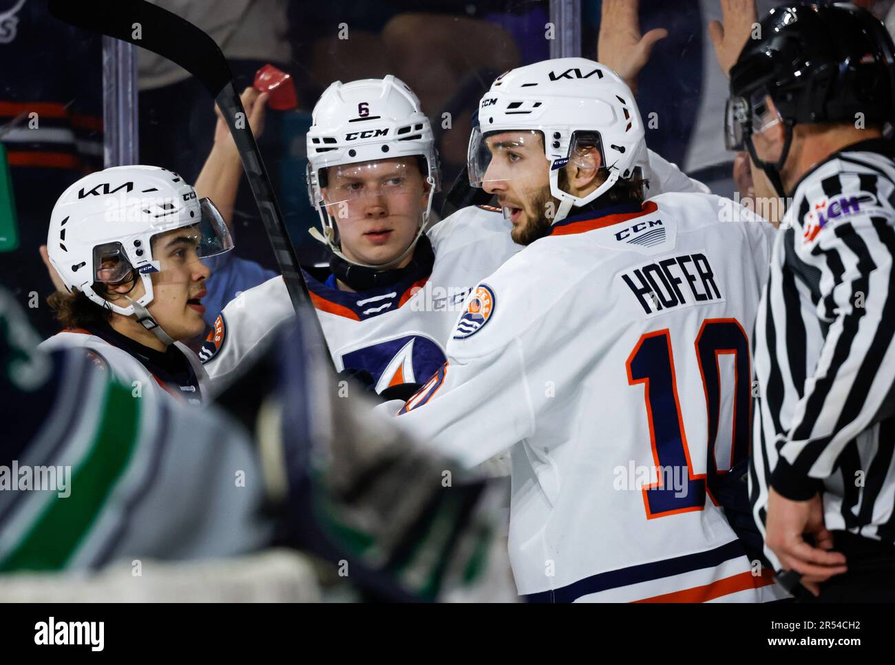 Kamloops Blazers forward Ryan Hofer, right, celebrates his goal against the Seattle Thunderbirds with teammates during the first period of a CHL Memorial Cup hockey game Wednesday, May 31, 2023, in Kamloops,