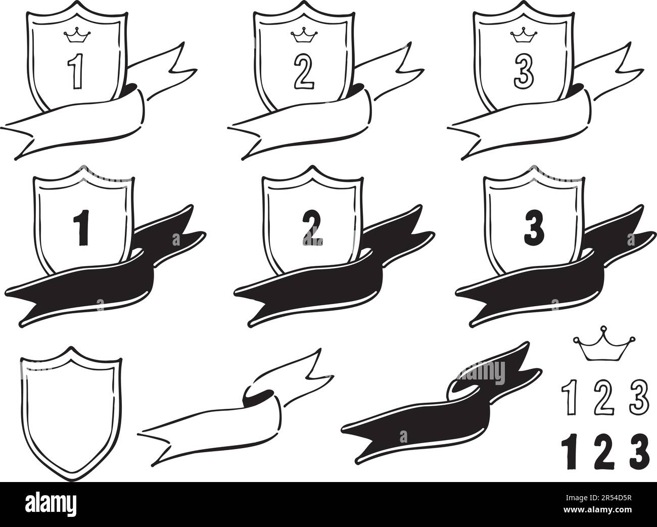 Ranking material for shields with fluttering ribbons. Black-and-white hand-drawn line drawings. Stock Vector