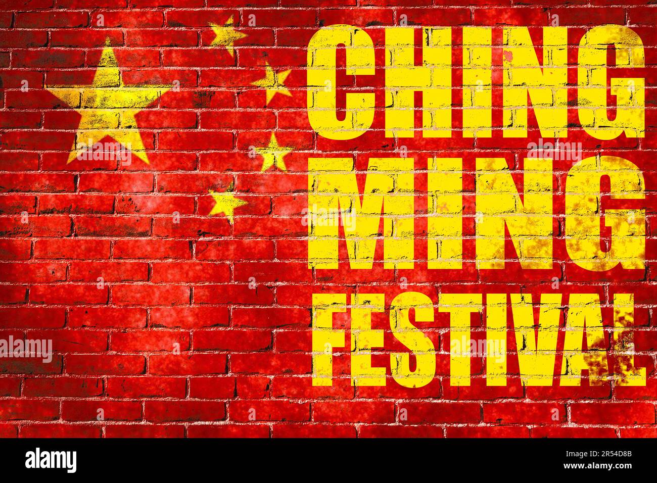 Ching Ming Festival in China text on the old brick wall with the china flag painted, ching ming. Stock Photo