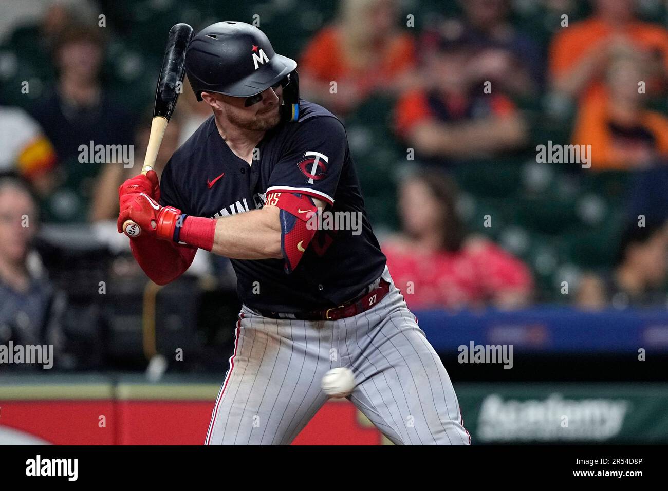 Minnesota Twins' Ryan Jeffers is hit by a pitch thrown by Houston Astros  relief pitcher Seth Martinez during the eighth inning of a baseball game  Wednesday, May 31, 2023, in Houston. (AP