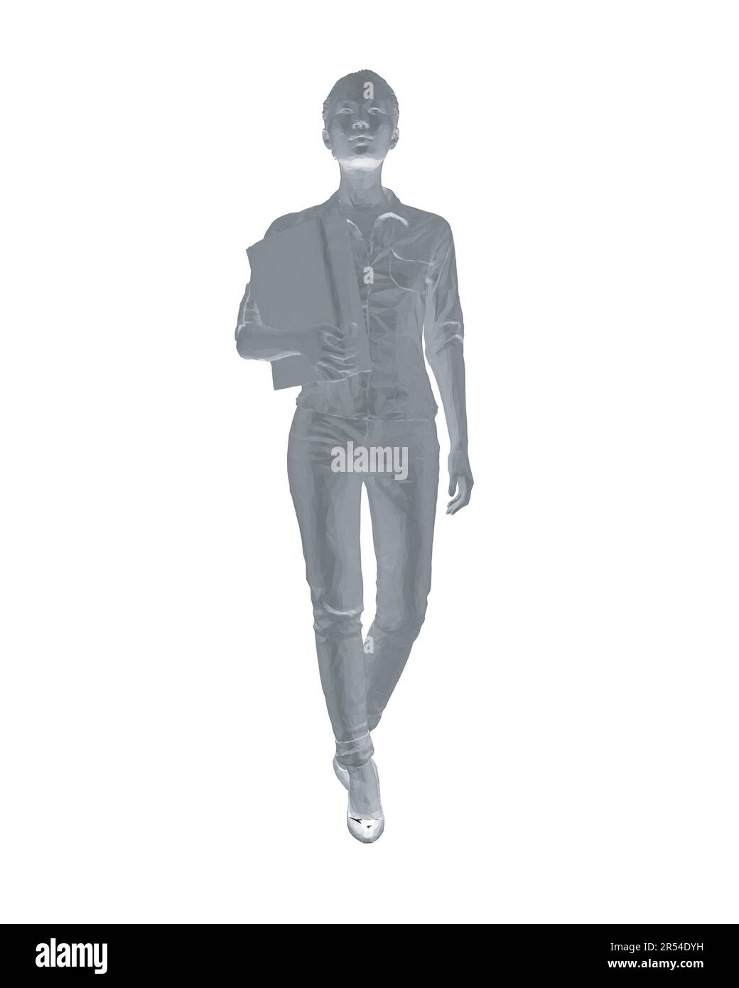 Polygonal drawing of fashionable young woman walking with folder with documents in hand. Vector of girl walk. Drawing Illustration of Young Woman. iso Stock Vector