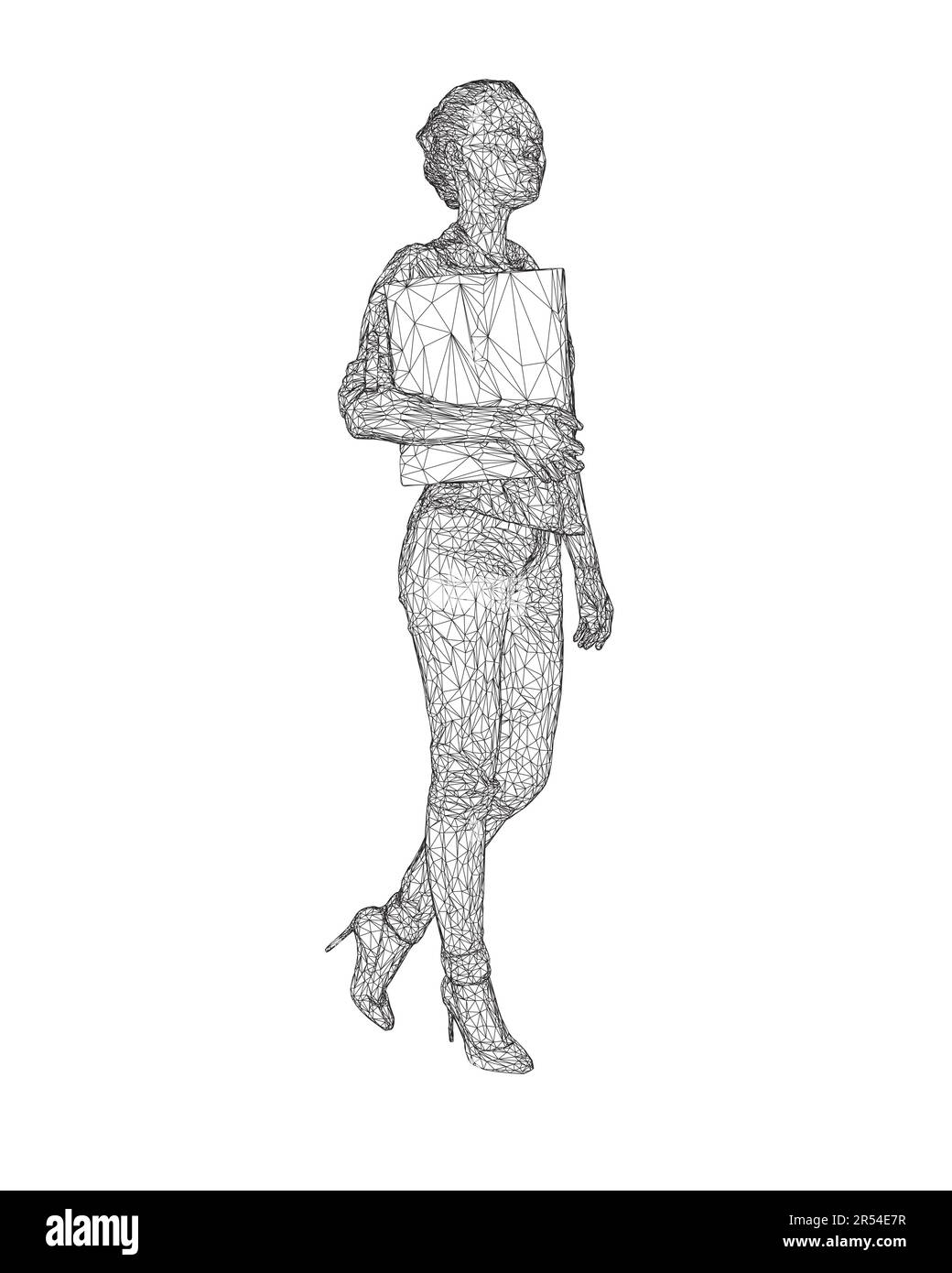 Wireframe of fashionable young woman walking with folder with documents ...