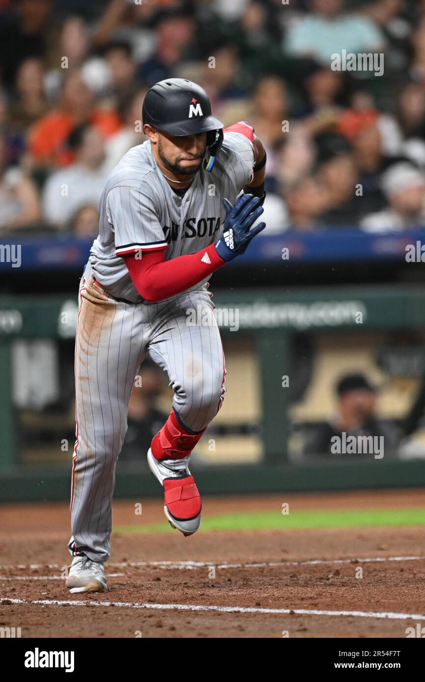 Minnesota Twins shortstop Royce Lewis (23) hits a double in the top of