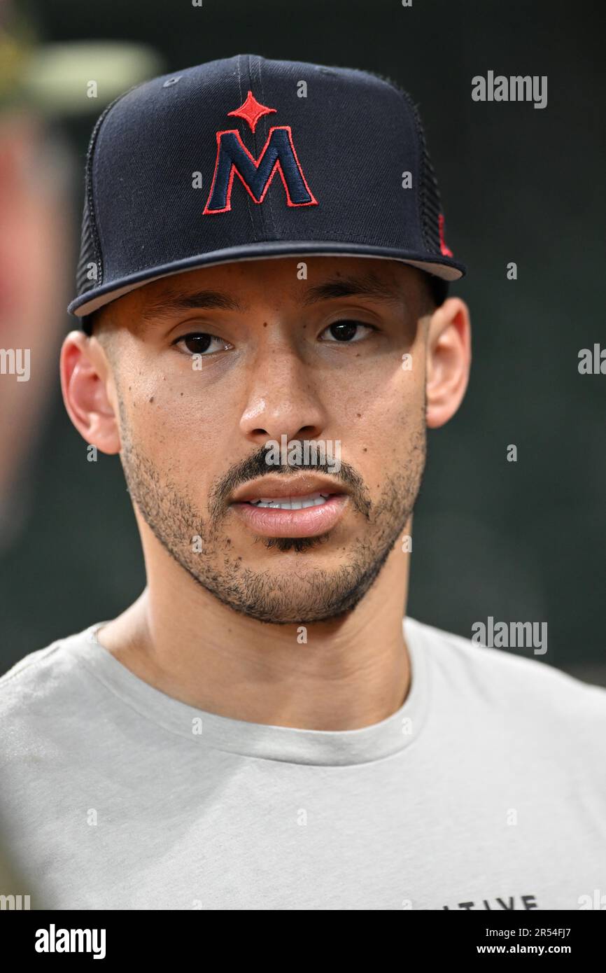 Minnesota Twins shortstop Carlos Correa (4) before the MLB game between the Minnesota Twins and the Houston Astros on Tuesday, May 30, 2023, at Minute Stock Photo