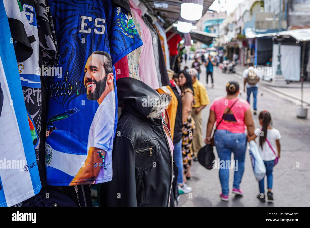 Bukele Ropa A shirt displaying President Nayib Bukele seen at a street market. The ...