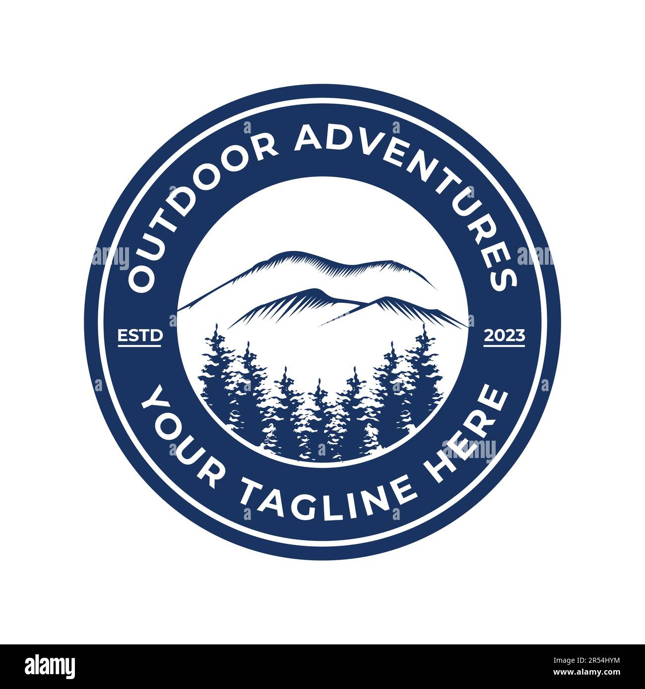 Outdoor Adventure Tree Mountains emblem illustration design, retro vintage template, symbol Stock Vector