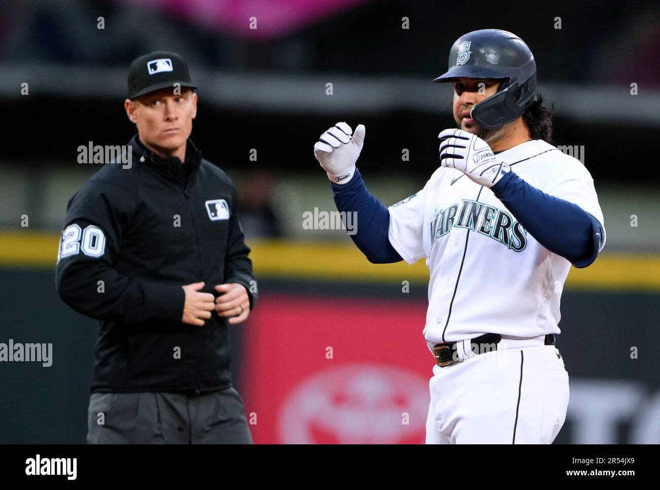 Seattle Mariners' Eugenio Suarez reacts after hitting a double against the New York Yankees