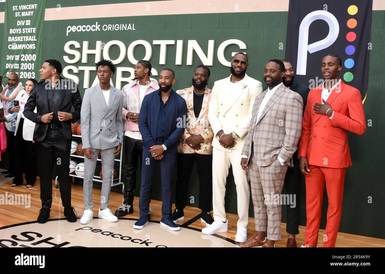 Los Angeles, California, USA 31st May 2023 (L-R) Actors Khalil Everage, Kaden Amari Anderson;Avery S. Willis Jr., Sir Myles, Sterling 'Scoot' Henderson, Basketball Players Dru Joyce III, Sian Cotton, LeBron James, Willie McGee, Romeo Travis and Actor Marquis Cook attend Los Angeles Premiere of Universal Pictures' 'Shooting Stars' at Regency Village Theatre on May 31, 2023 in Los Angeles, California, USA. Photo by Barry King/Alamy Live News Stock Photo
