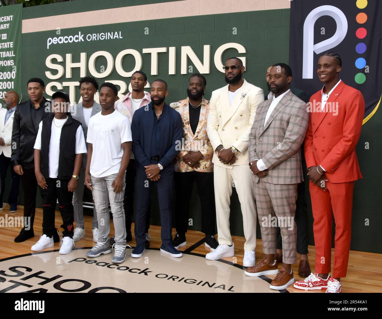 Los Angeles, California, USA 31st May 2023 (L-R) Actors Khalil Everage, Kaden Amari Anderson;Avery S. Willis Jr., Sir Myles, Sterling 'Scoot' Henderson, Basketball Players Dru Joyce III, Sian Cotton, LeBron James, Willie McGee, Romeo Travis and Actor Marquis Cook attend Los Angeles Premiere of Universal Pictures' 'Shooting Stars' at Regency Village Theatre on May 31, 2023 in Los Angeles, California, USA. Photo by Barry King/Alamy Live News Stock Photo