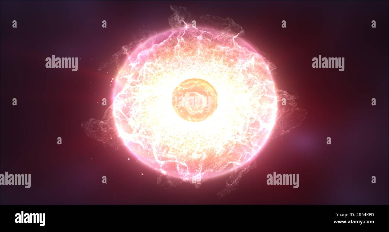 Abstract sphere atom with electrons flying glowing yellow bright ...