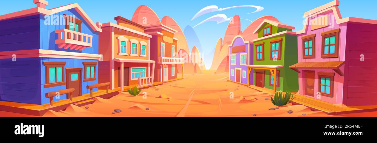 Wild west town street with old cowboy saloon building vector background. Cartoon western bank, store and hotel house in row near road in desert environment. Texas rural outdoor drawing illustration. Stock Vector