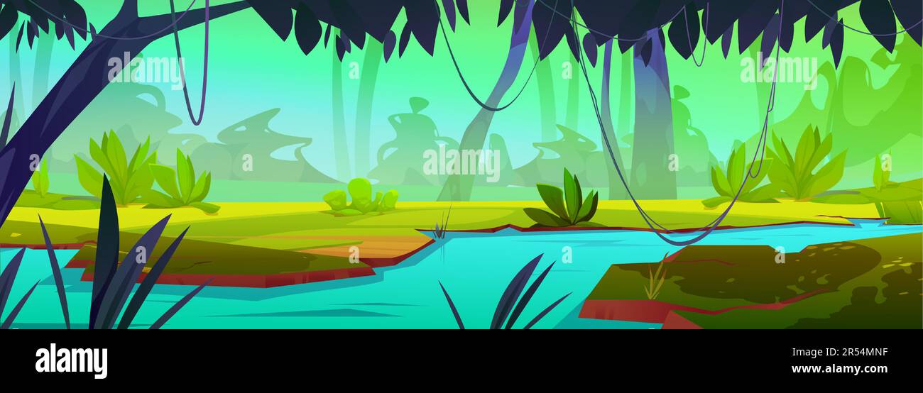 River in jungle forest vector tropical landscape background. Lake water cartoon nature illustration with grass, creeper and wild amazon scenery. Rainforest game scene design with beautiful valley Stock Vector