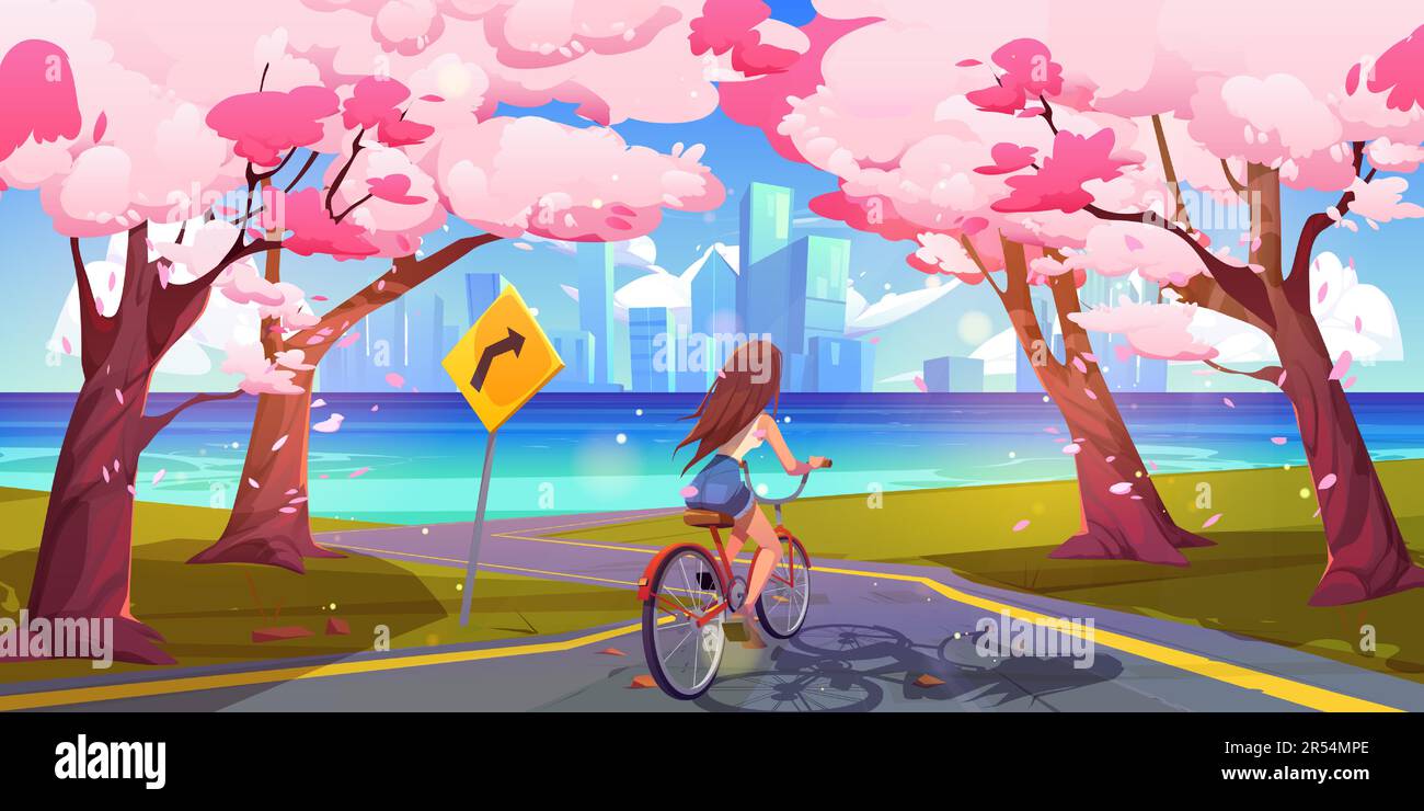 Active girl riding bicycle in sakura park. Vector cartoon illustration ...