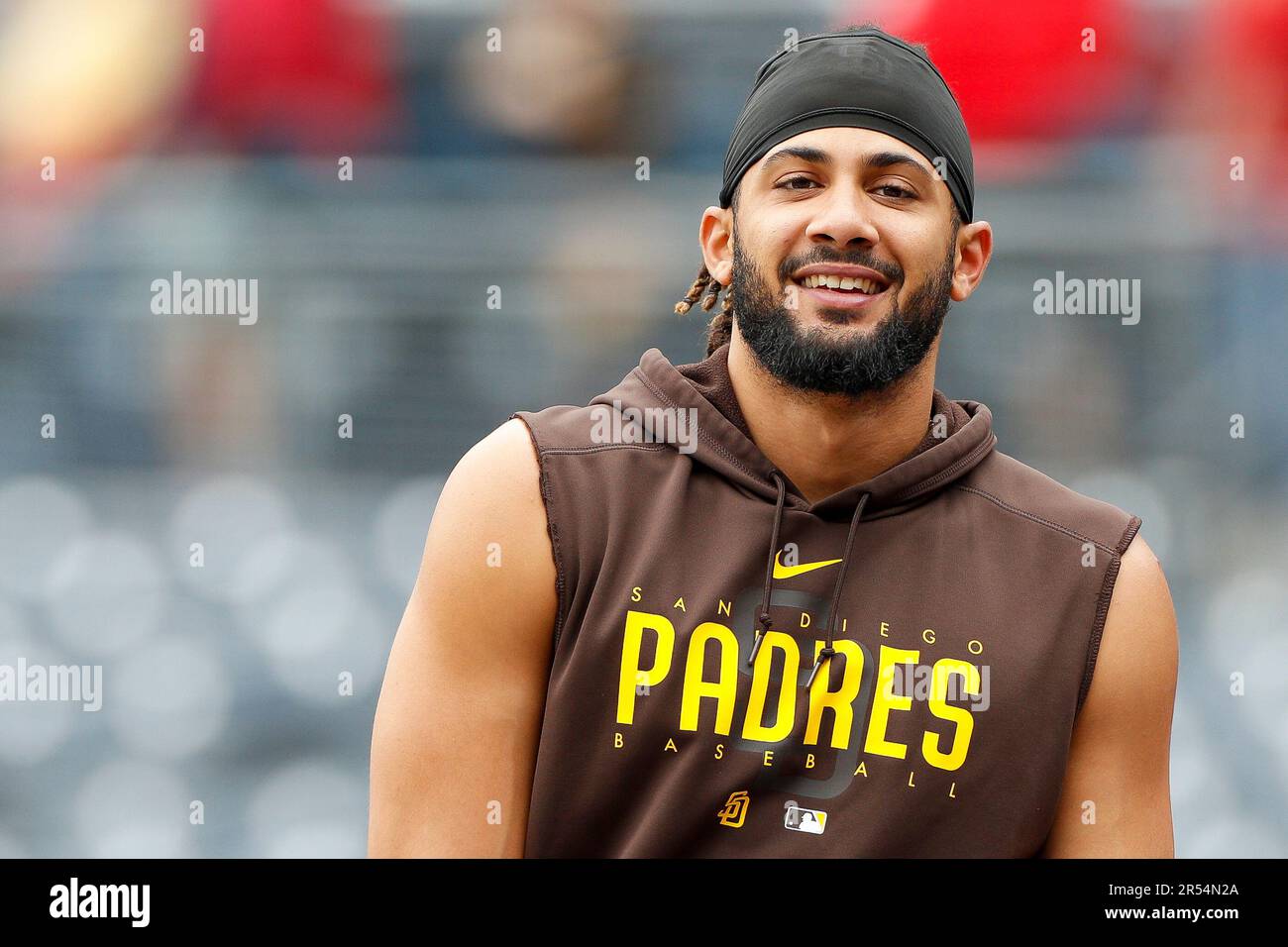 San Diego Padres' Fernando Tatis Jr. smiles during batting practice