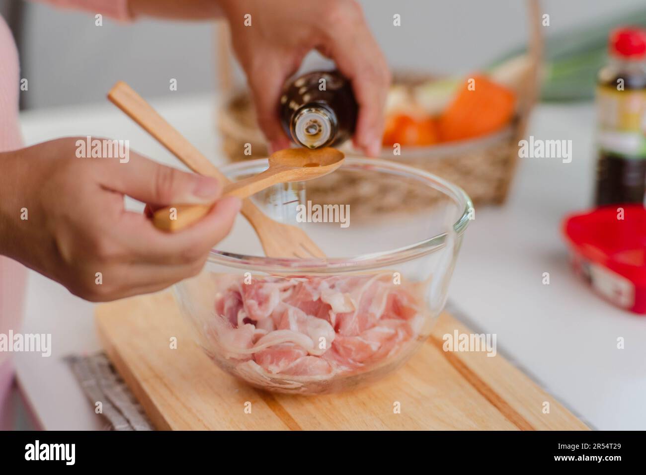 Stepbystep procedures to marinate pork for easy Korean cooking, add