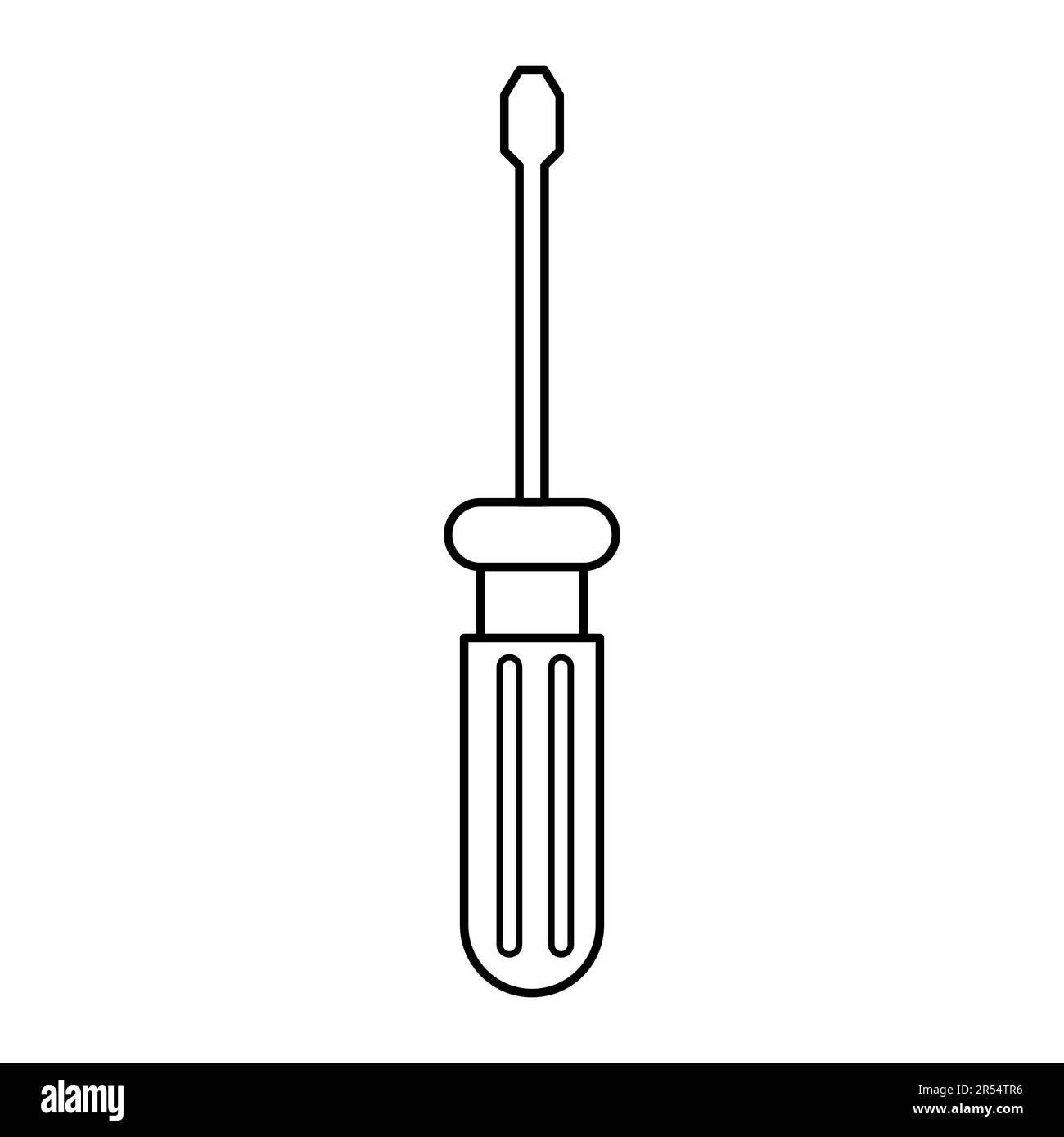 Black and white screwdriver icon with a straight or flat slot for screwing and unscrewing screws. Construction plumbing tool for the jack of all trade Stock Vector