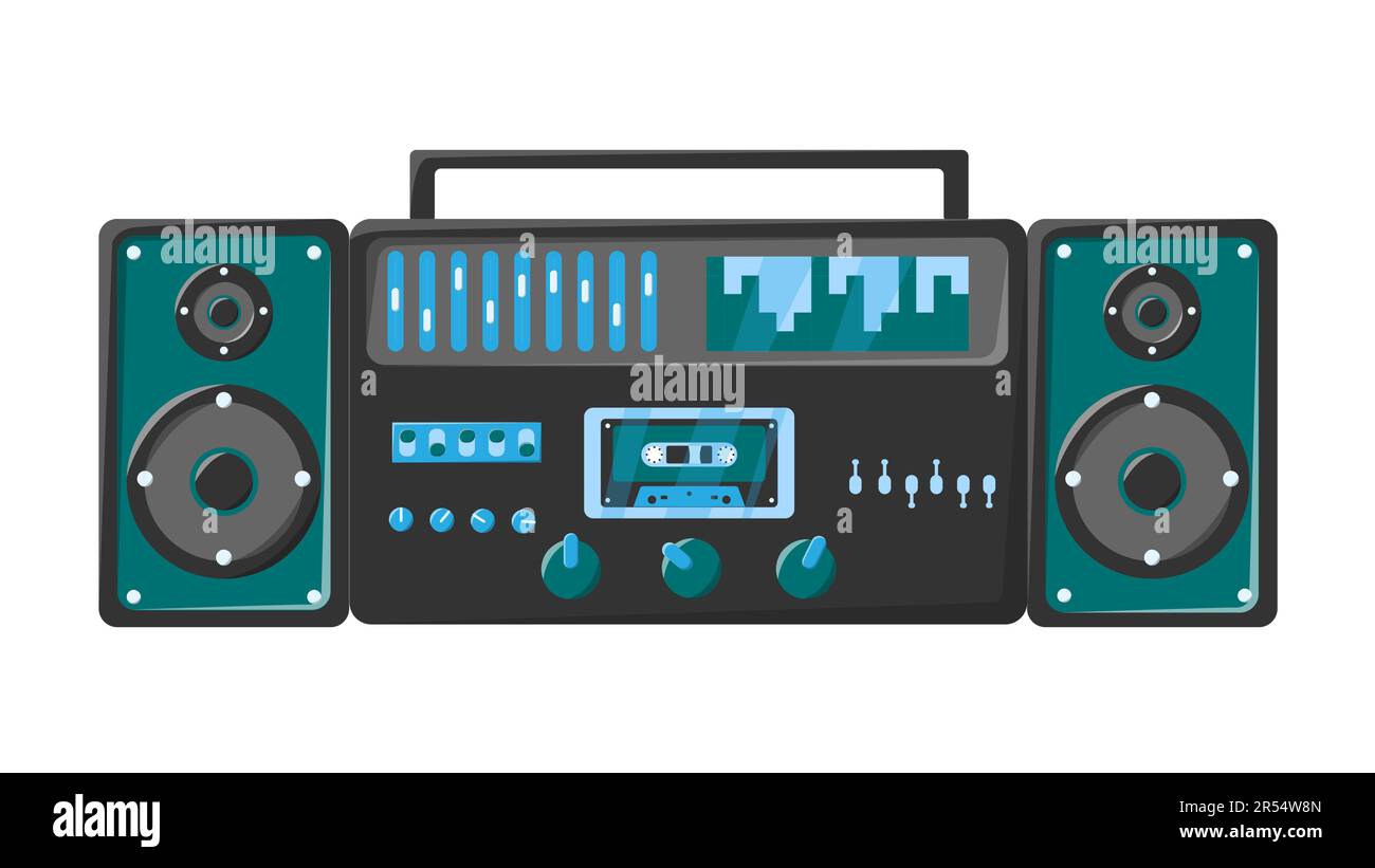 Old retro green vintage music cassette tape recorder with magnetic tape on reels and speakers from the 70s, 80s, 90s. Beautiful icon. Vector illustrat Stock Vector