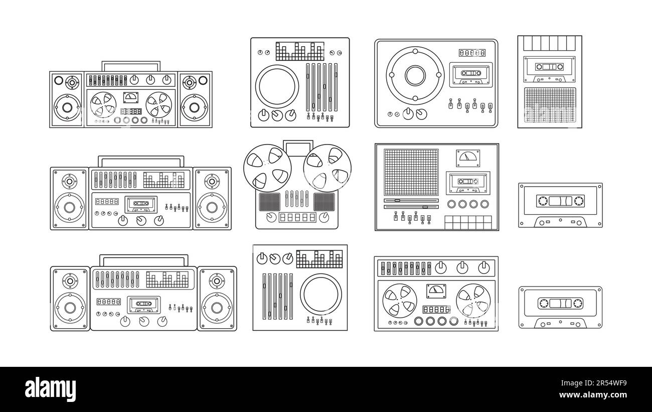 Set of black and white old retro vintage hipster musical electronics