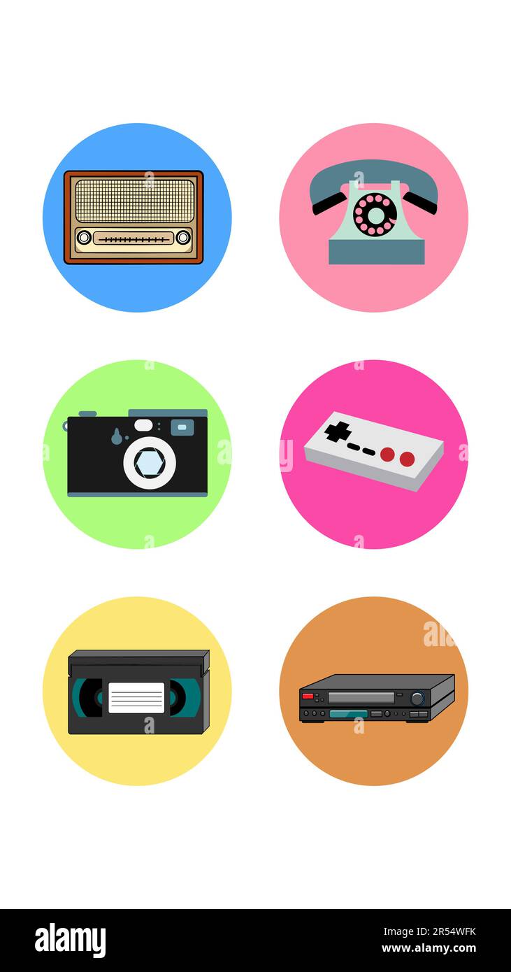 A set of six round icons for the current old antique retro technology phone radio camera joystick video player and cassette on a white background. Vec Stock Vector